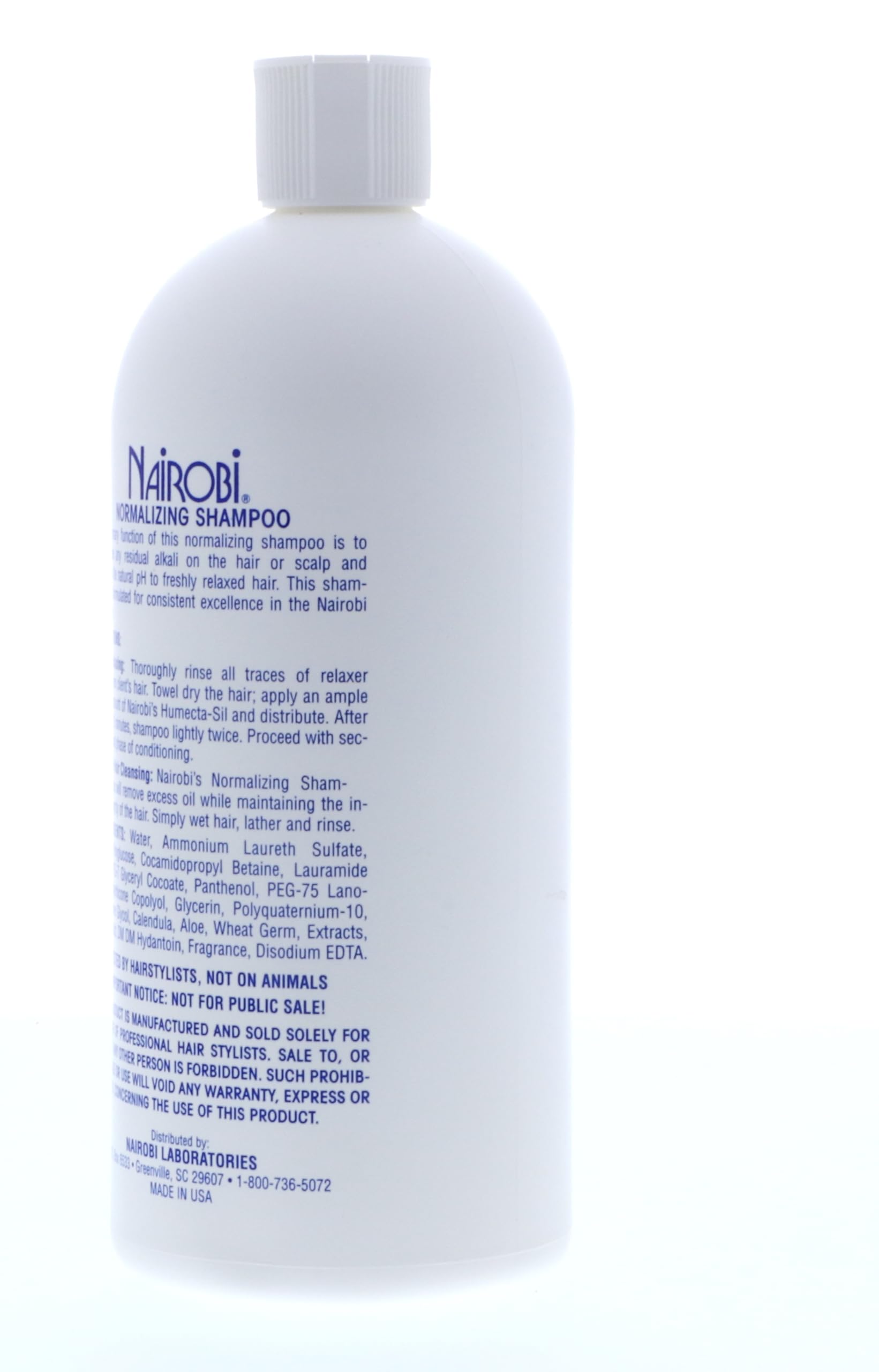 Nairobi Normalizing Shampoo label close-up highlighting clean, minimal packaging.