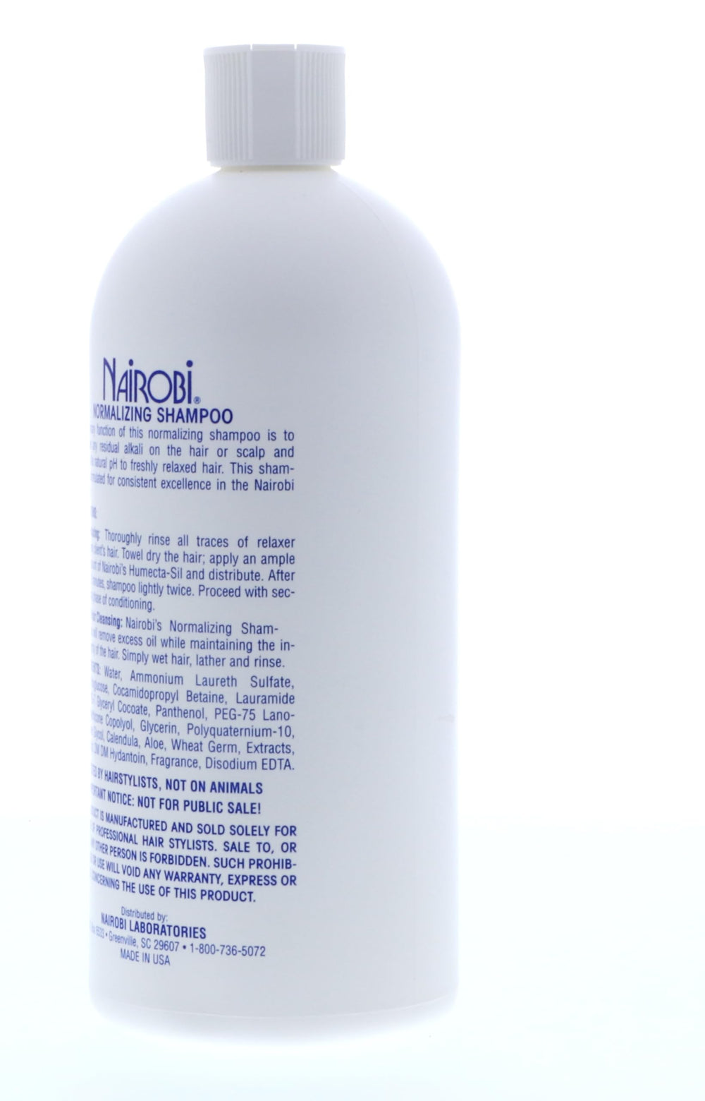 Nairobi Normalizing Shampoo label close-up highlighting clean, minimal packaging.