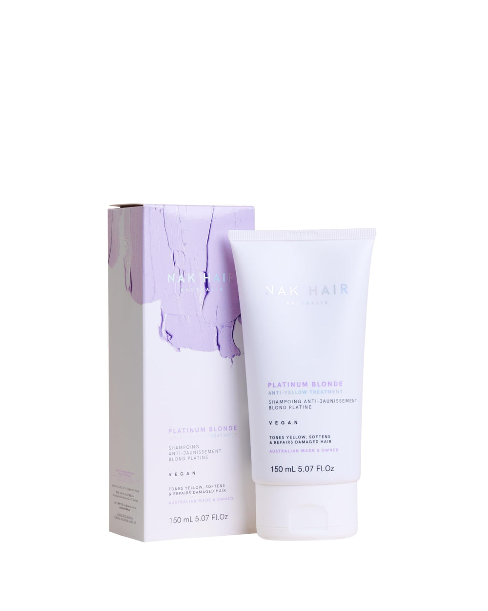 NAK Hair Platinum Blonde anti-yellow treatment bottle highlighting blue-violet pigments for neutralizing brass on cool-toned hair