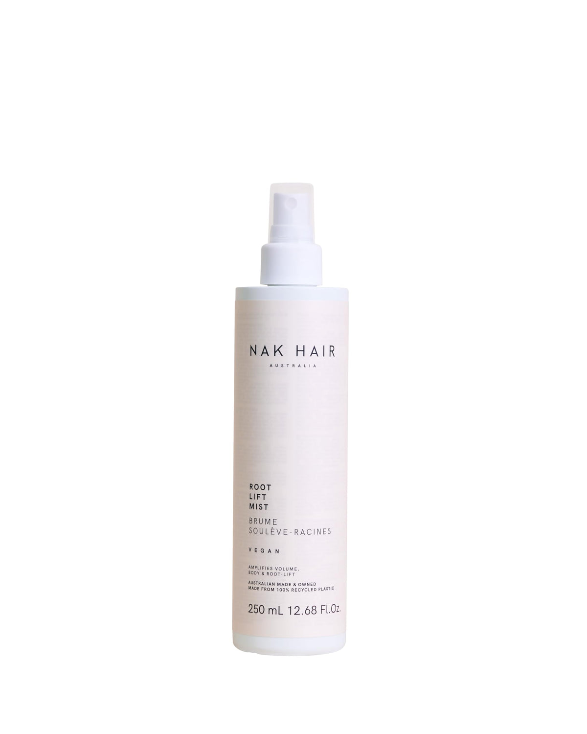 NAK Hair Root Lift Mist bottle showing instant root lift and a volumised, humidity-resistant finish.