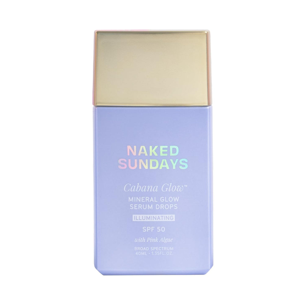 Naked Sundays CabanaGlow bottle pour showing lightweight SPF 50 protection
