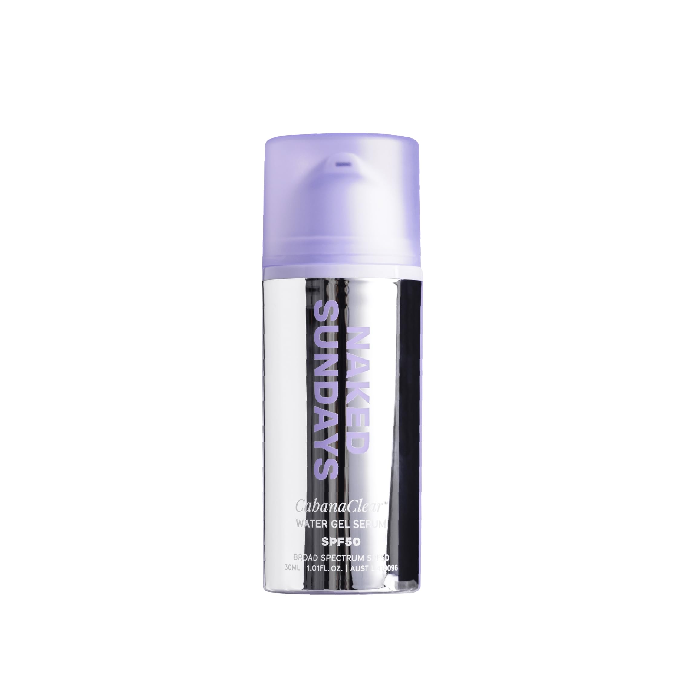 Naked Sundays CabanaClear SPF 50 gel bottle, invisible daily protection for all skin types.