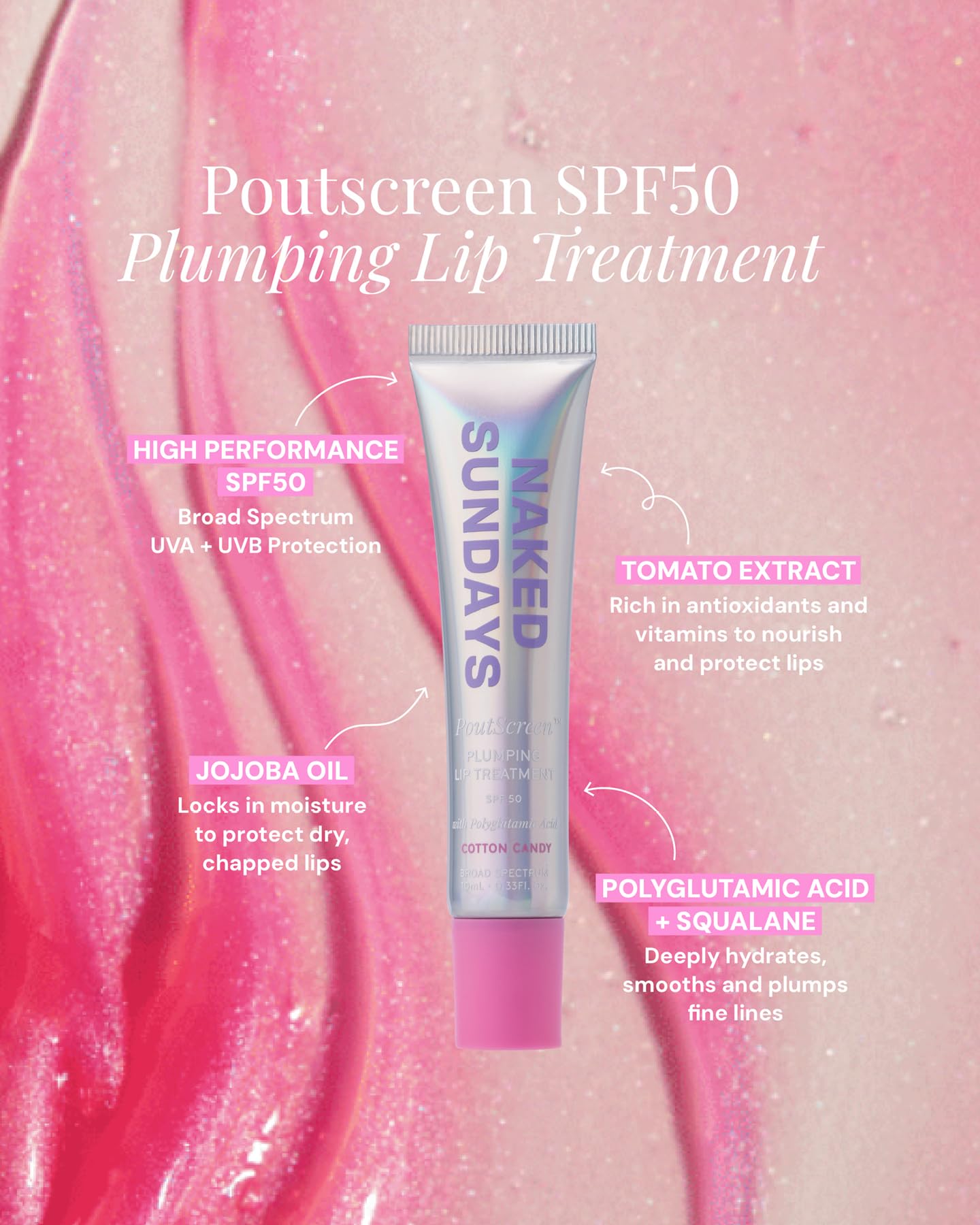 Non-sticky shine with sheer tint from Naked Sundays PoutScreen lip balm.