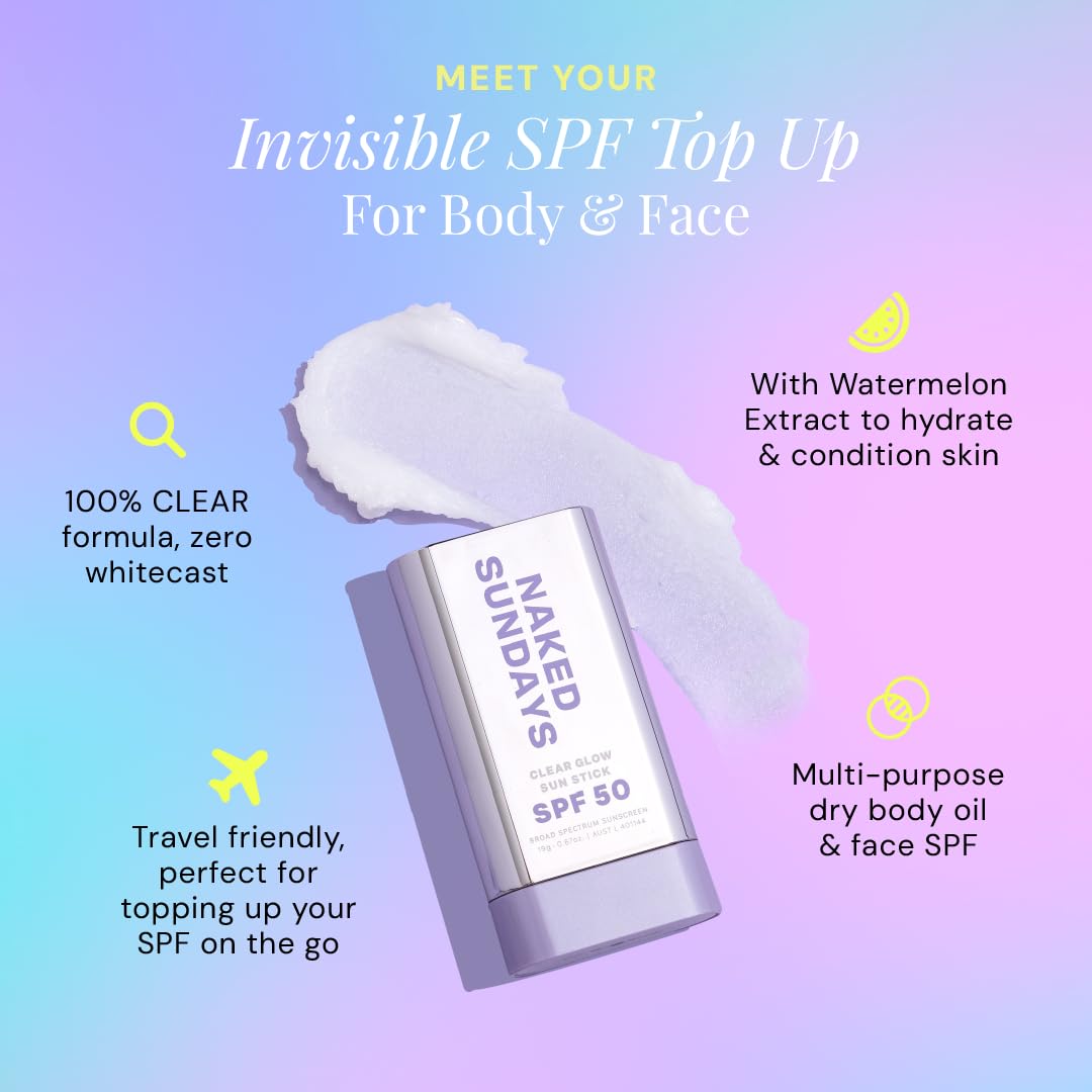 Naked Sundays SPF 50 Clear Glow Stick on-face application provides quick, invisible protection.