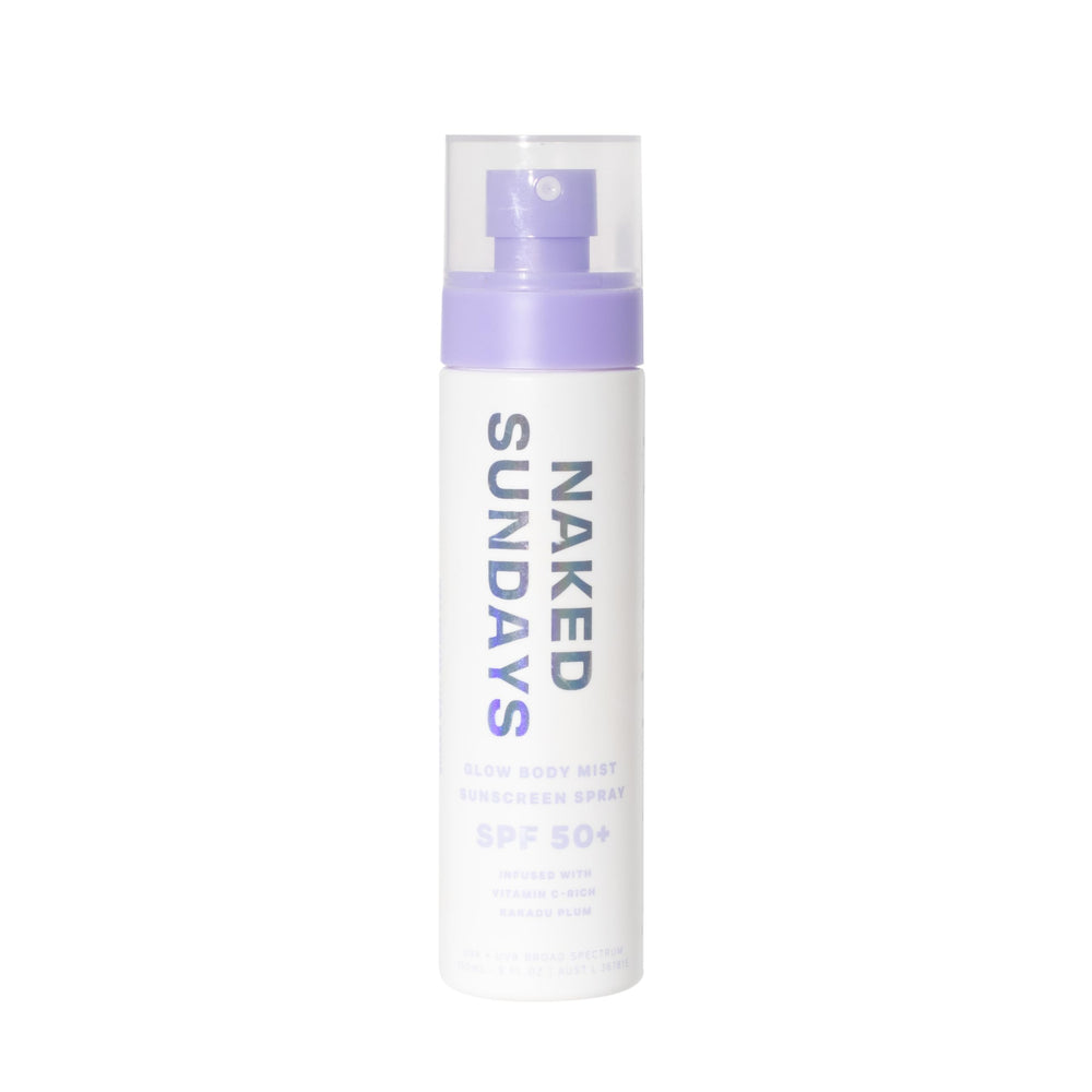 Naked Sundays SPF50 body sunscreen spray bottle offers broad-spectrum protection with a non-greasy finish.