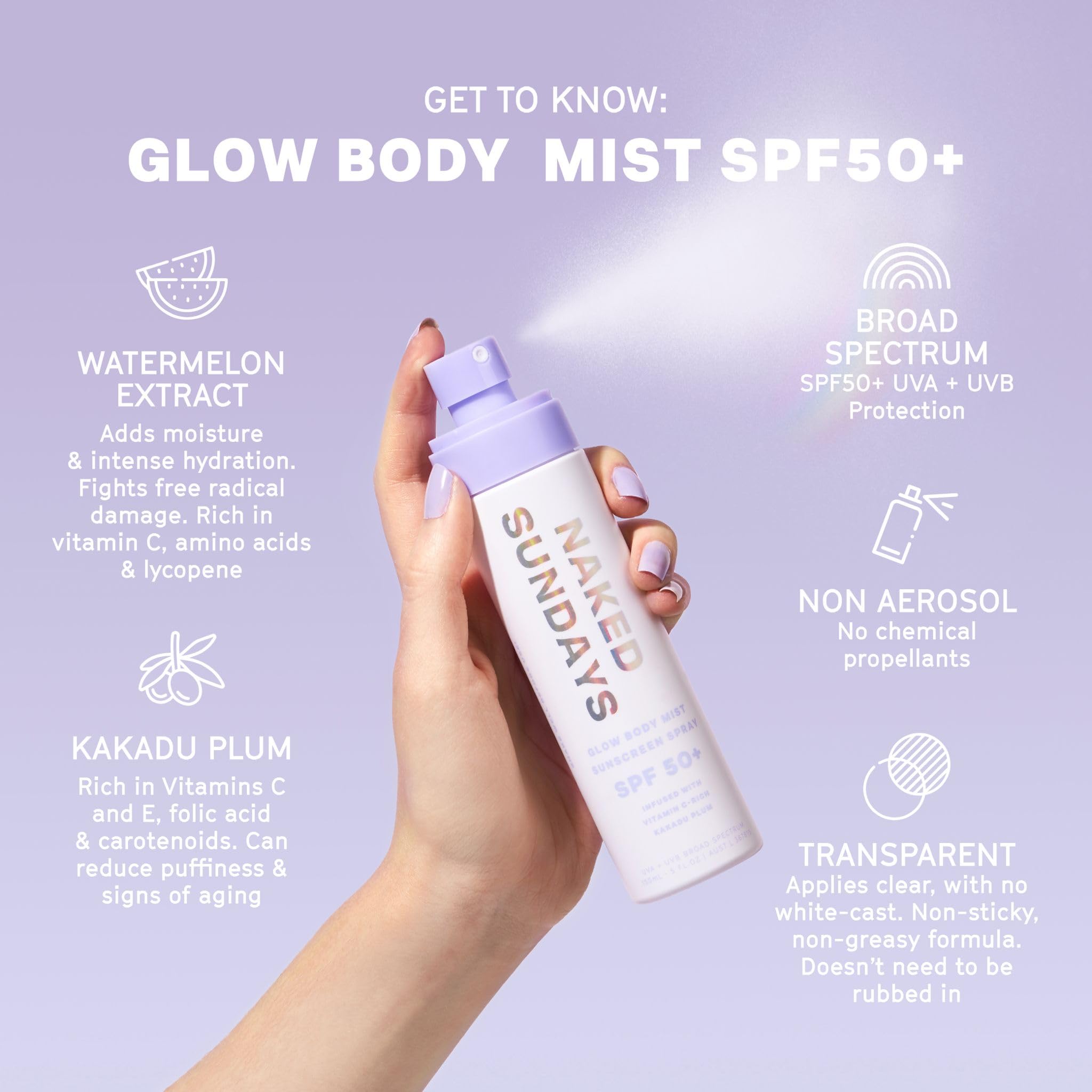 Naked Sundays SPF50 body sunscreen spray nozzle shows easy, quick application for outdoor days.