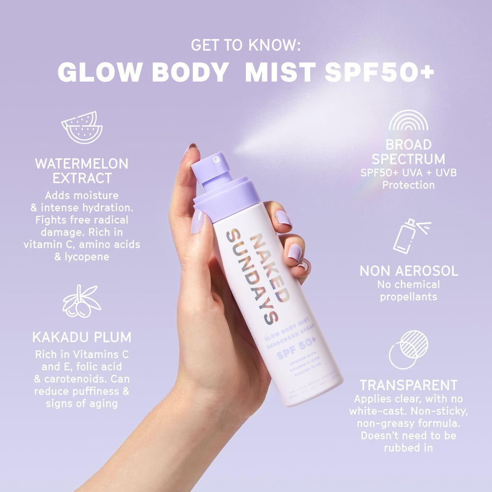 Naked Sundays SPF50 body sunscreen spray nozzle shows easy, quick application for outdoor days.