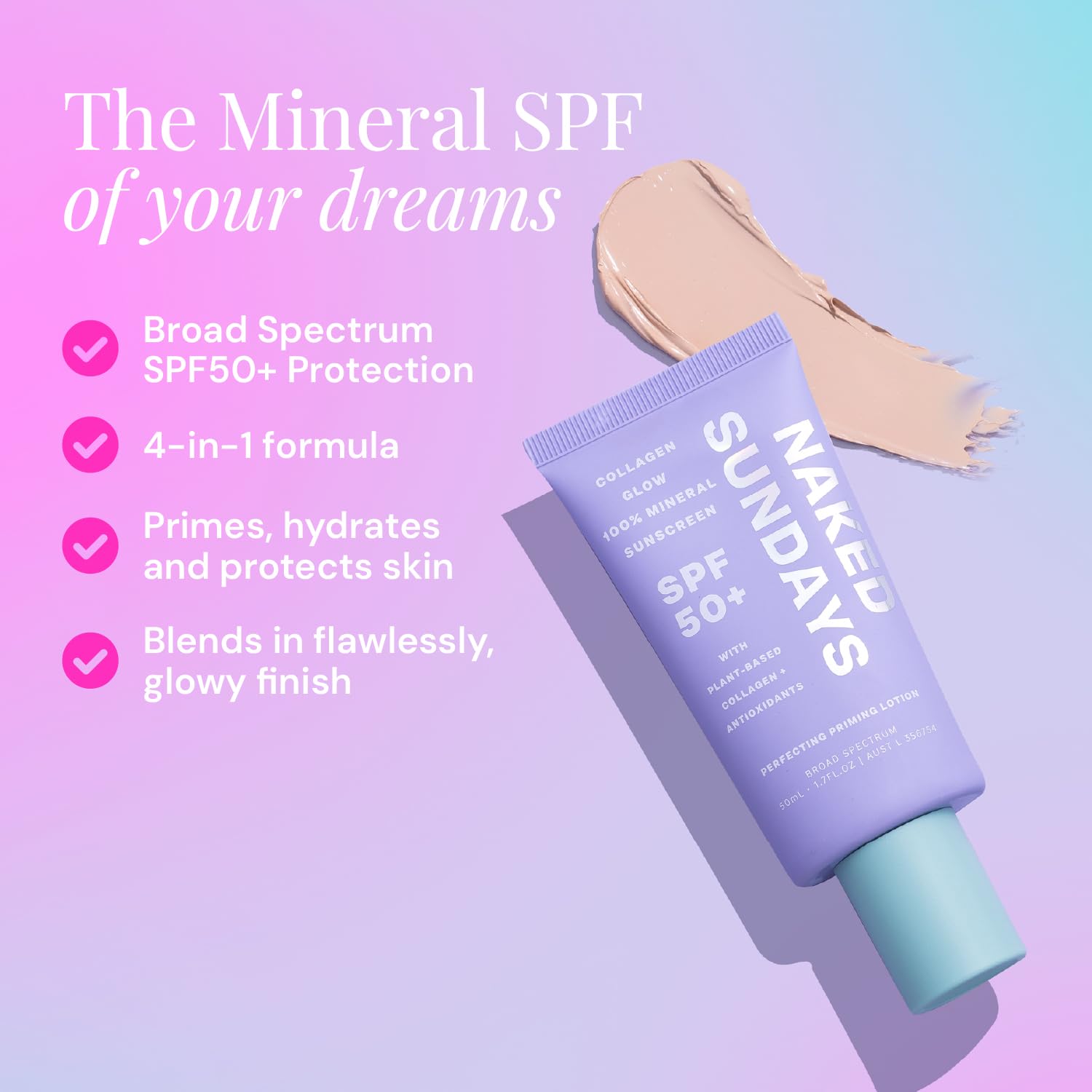 Naked Sundays SPF50 Daily Moisturizer swatch highlights sheer coverage with natural glow