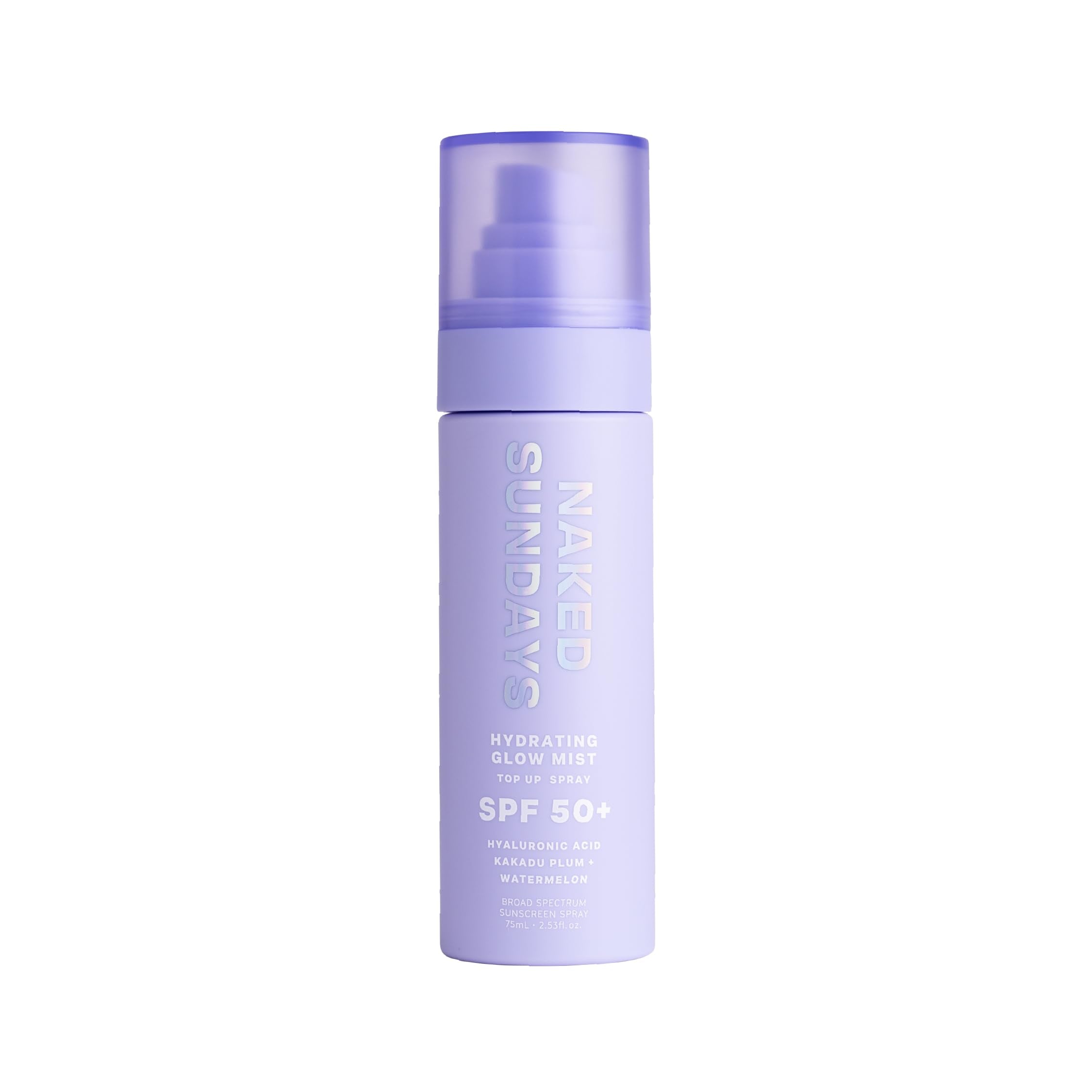 Naked Sundays SPF 50 Hydrating Glow Face Mist bottle showing clear, protective hydration.
