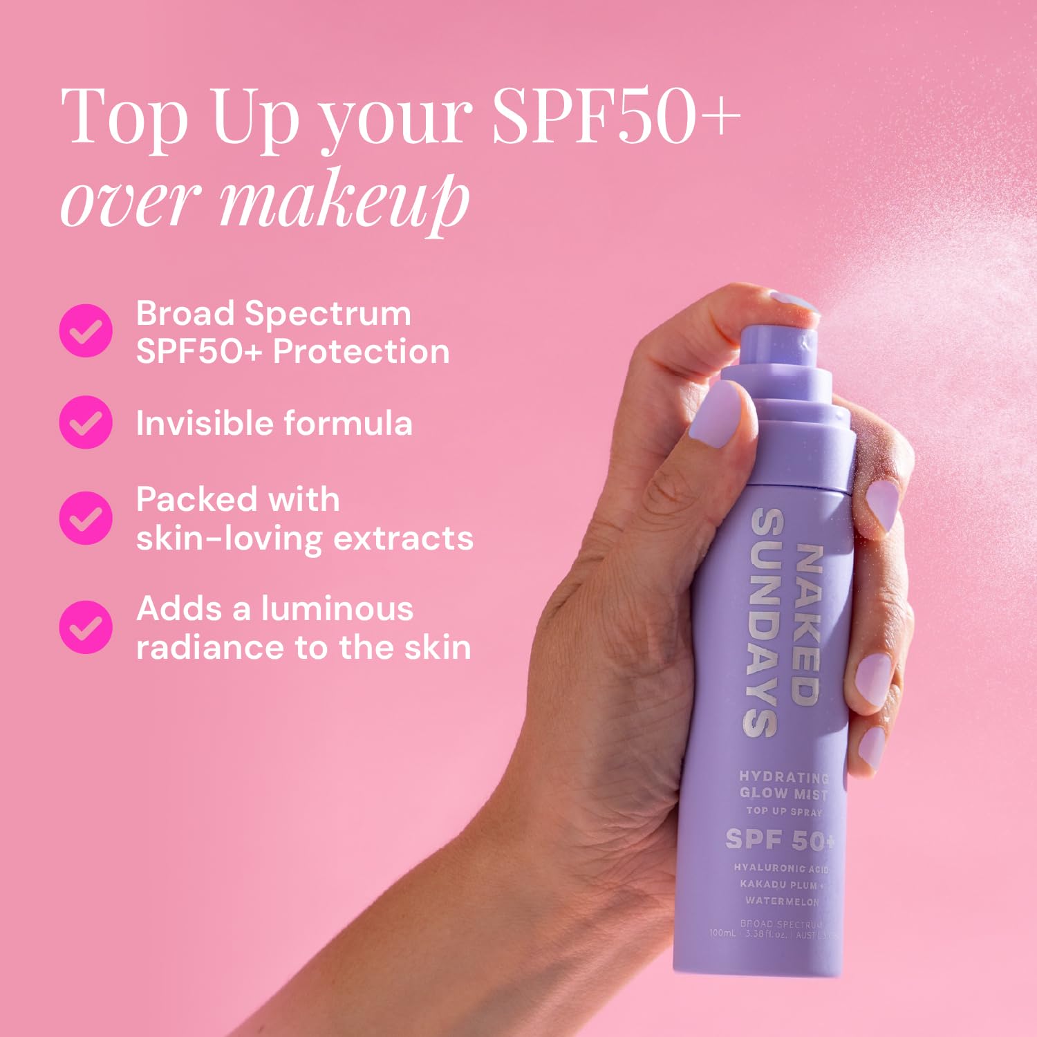 Naked Sundays SPF 50 Hydrating Glow Face Mist spray action delivering fast, even coverage.