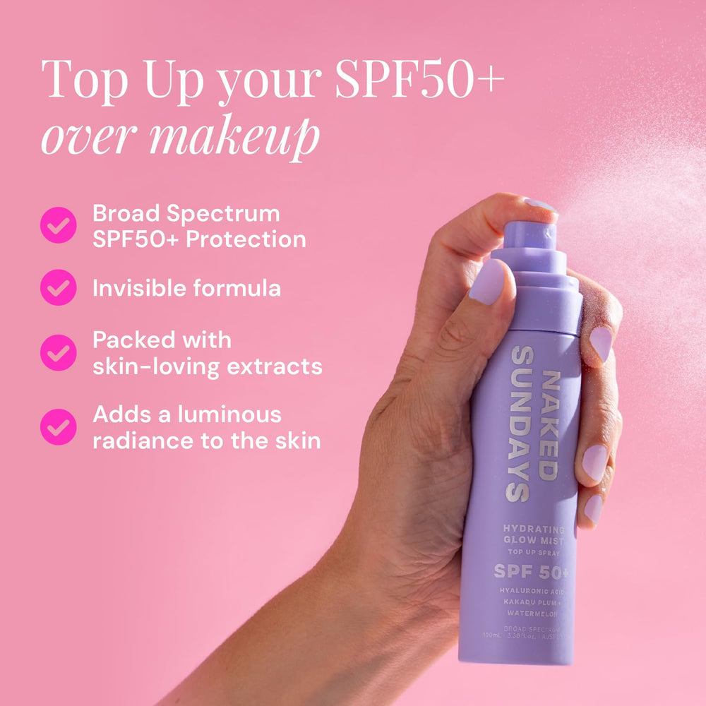 Naked Sundays SPF 50 Hydrating Glow Face Mist spray action delivering fast, even coverage.