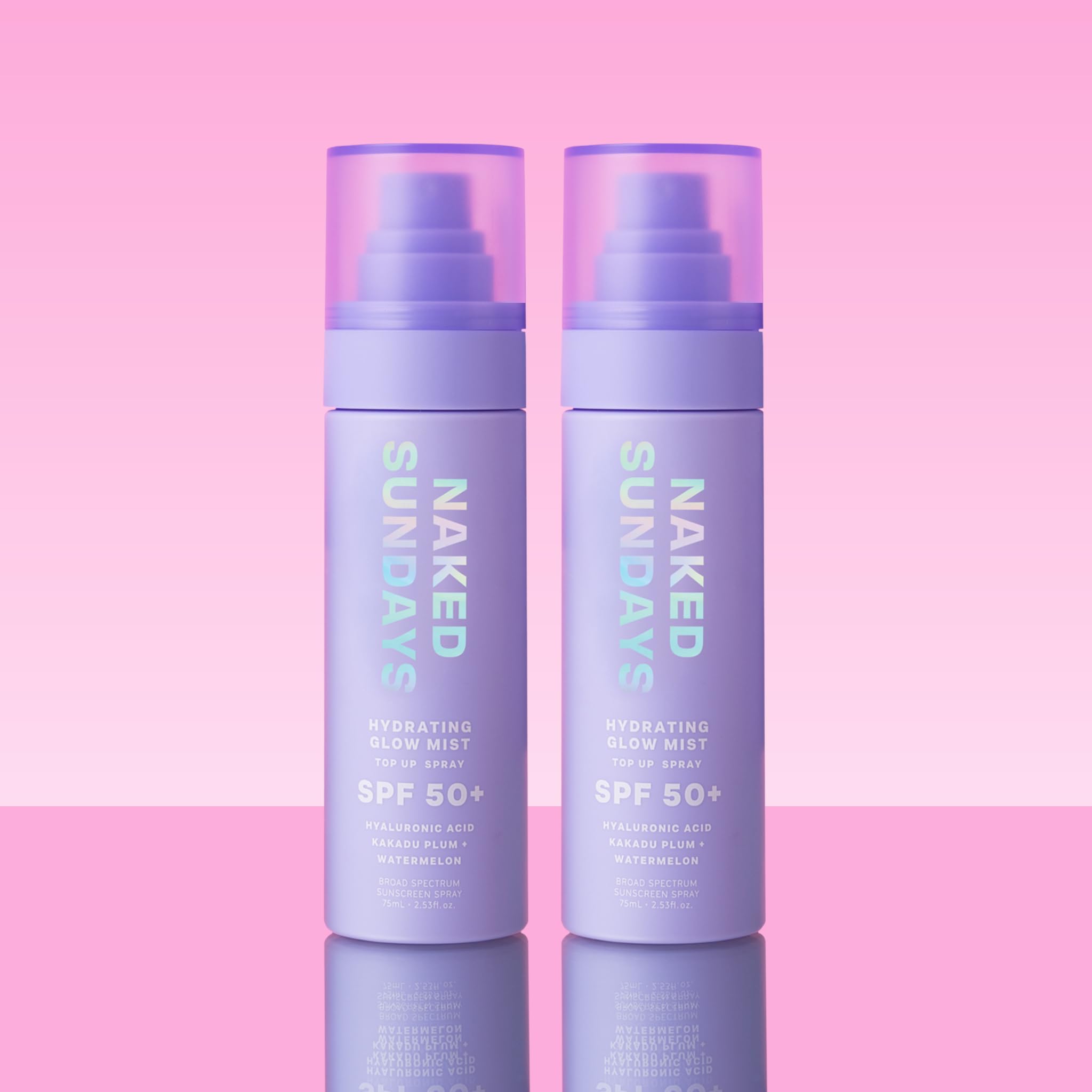 Naked Sundays SPF 50 mist applying over makeup for a refreshed look.