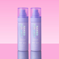 Naked Sundays SPF 50 mist applying over makeup for a refreshed look.