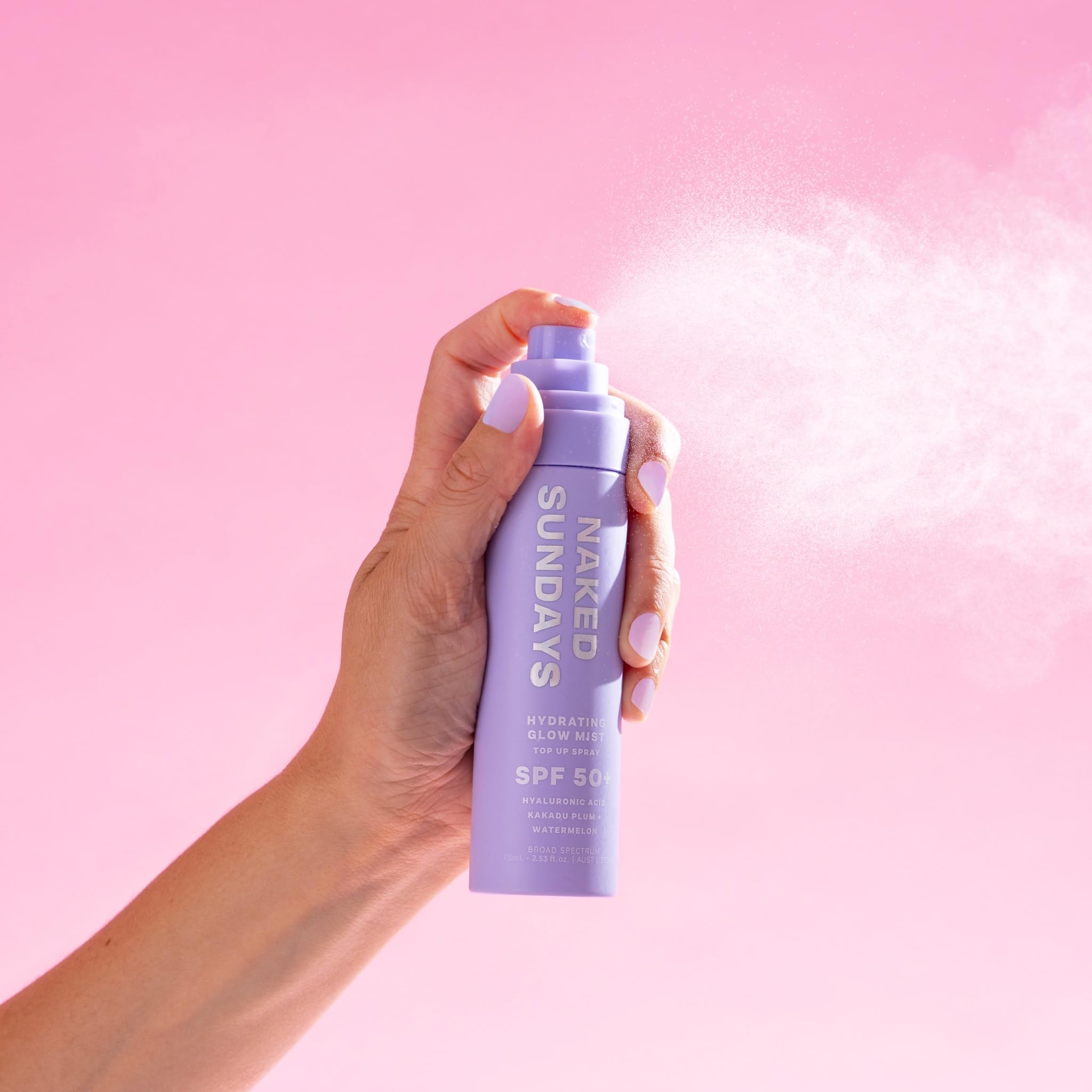 Naked Sundays transparent no white cast mist delivers a luminous finish.