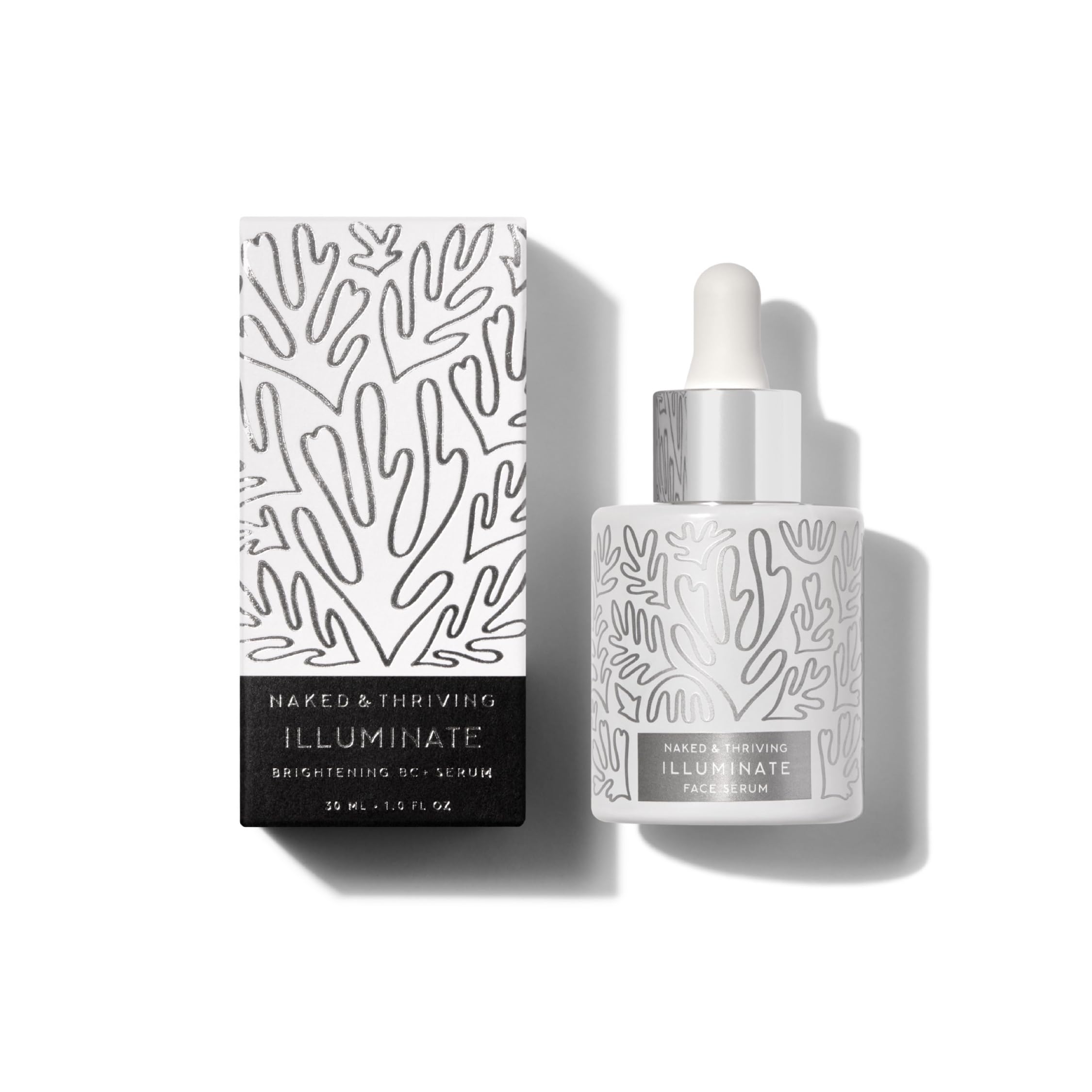 Naked & Thriving Illuminate bottle pour shows silky serum for radiant, even skin tone