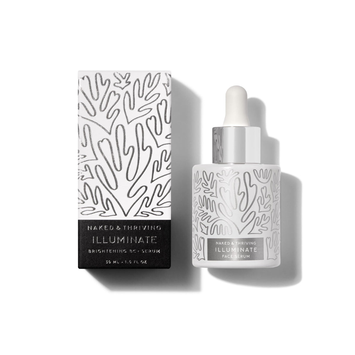Naked & Thriving Illuminate bottle pour shows silky serum for radiant, even skin tone