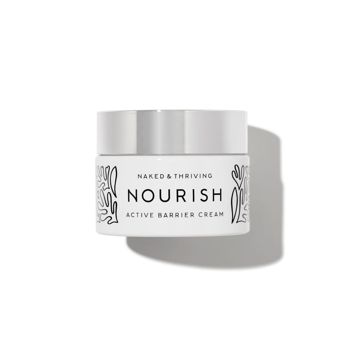 Naked & Thriving Nourish Active Barrier Cream bottle close-up, highlighting barrier support and hydration.