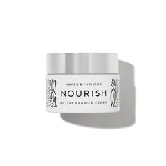 Naked & Thriving Nourish Active Barrier Cream bottle close-up, highlighting barrier support and hydration.