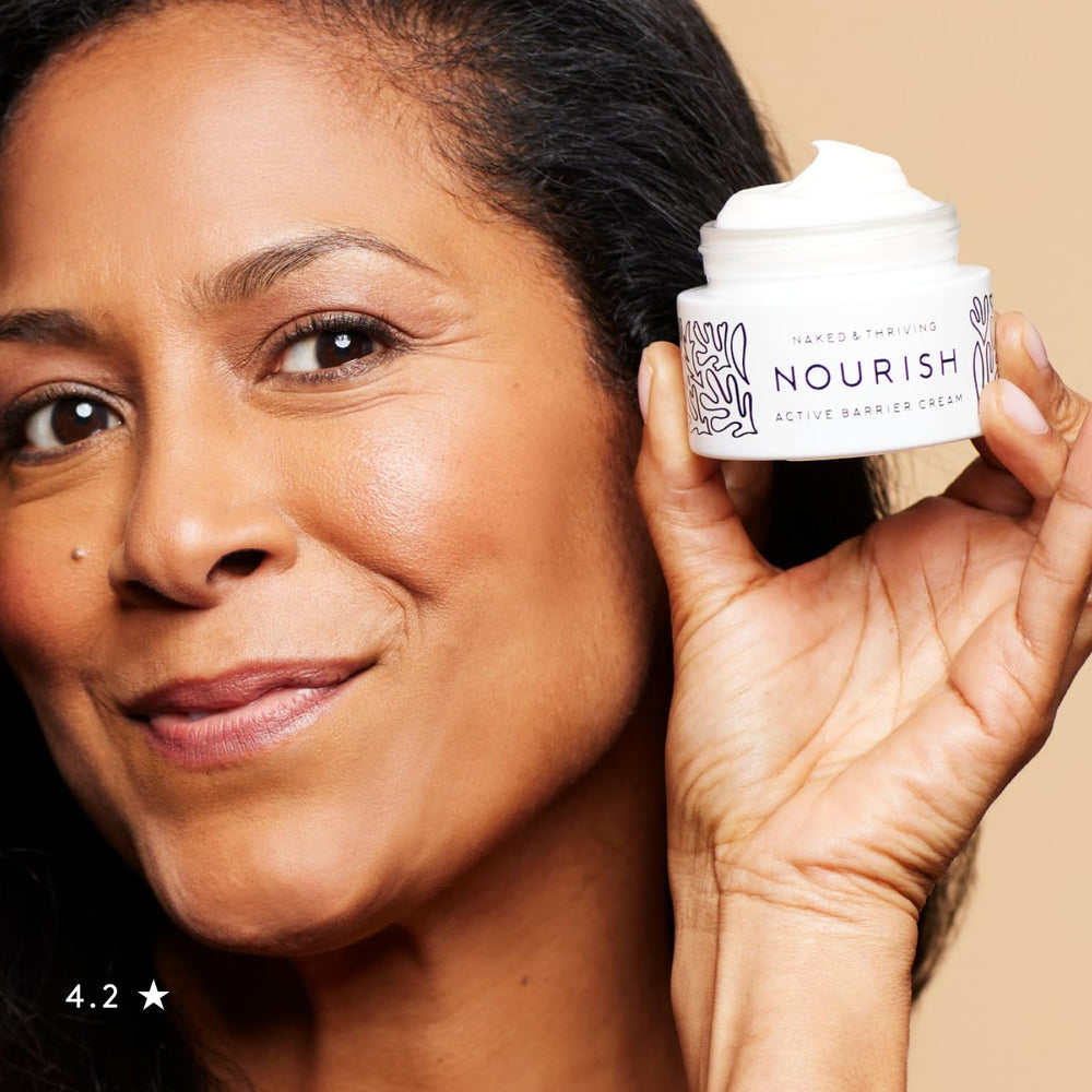 Naked & Thriving Nourish Active Barrier Cream texture close-up showing lightweight moisture for daily use.