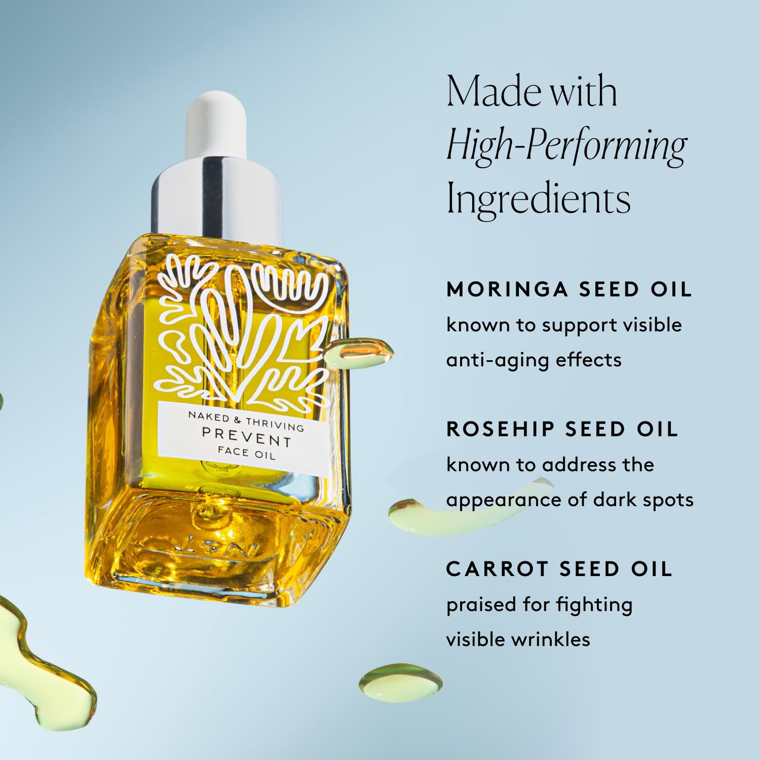 Naked & Thriving Prevent carrot seed oil detail hints at brightening the skin tone.