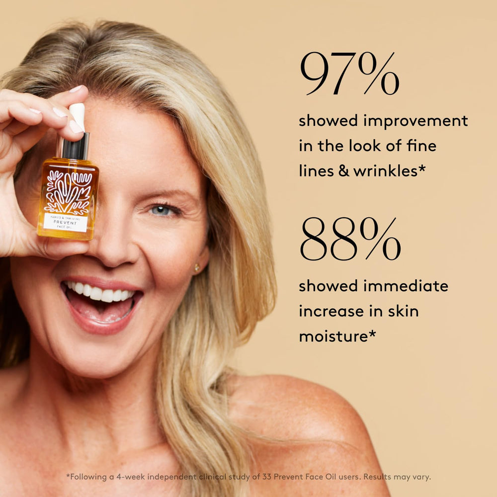 Naked & Thriving Prevent rosehip oil detail suggests an even-looking complexion.
