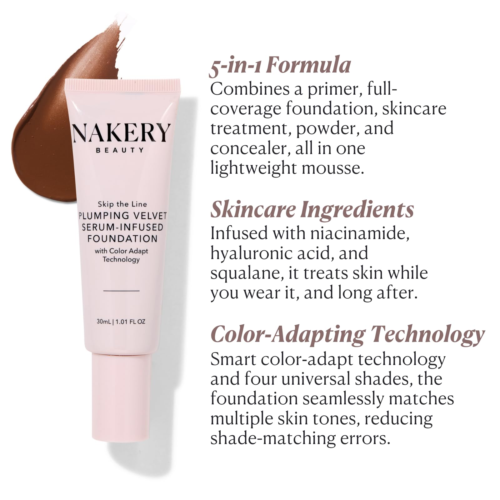 Nakery mousse-texture foundation swatch showing whipped, lightweight feel