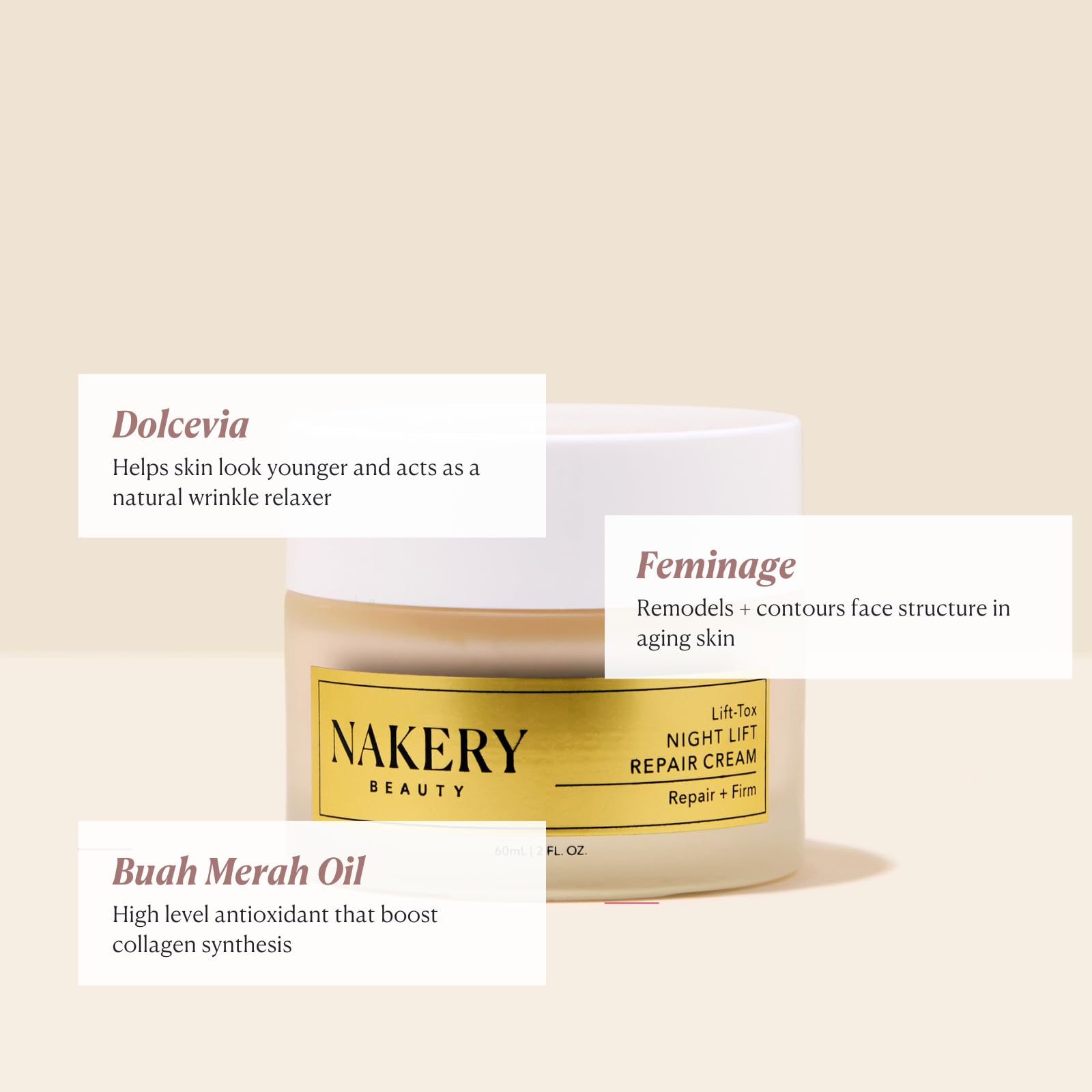 Nakery Lift-Tox Night Cream on a surface showcasing hydration for dry skin