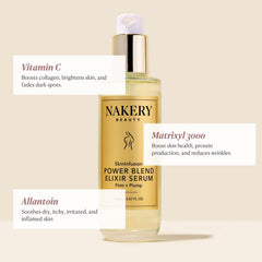 Nakery SkinInfusion ingredients graphic highlights peptides, vitamin C, hyaluronic acid.