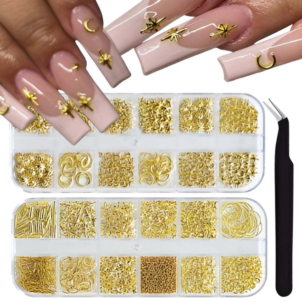 Namrec 24-grid gold nail charms with moon and star accents for stylish manicures.