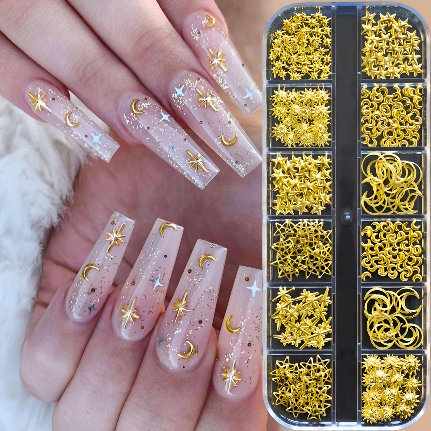 Namrec 3D gold nail charms closeup showing intricate detailing.