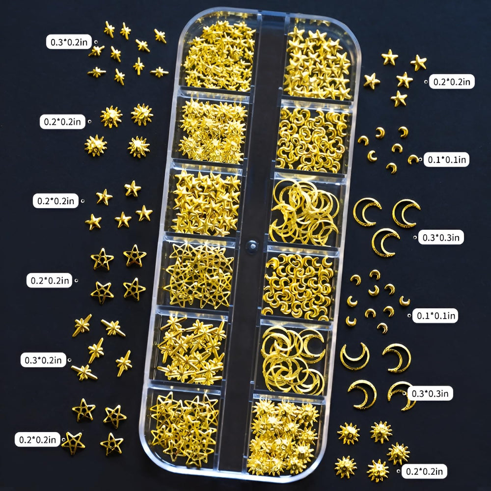 Namrec gold nail rhinestones with AB coating for dynamic sparkle.
