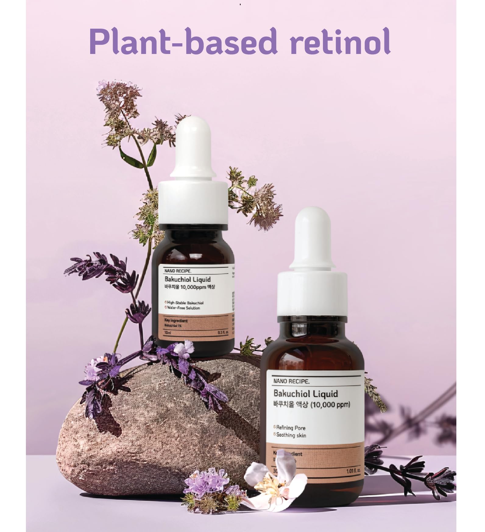 Nano Recipe Bakuchiol Concentrate dropper delivering two soothing drops