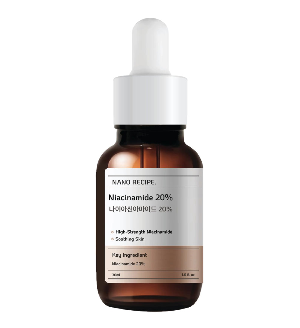 Nano Recipe Niacinamide 20% serum bottle close-up showing pore-minimizing potential.