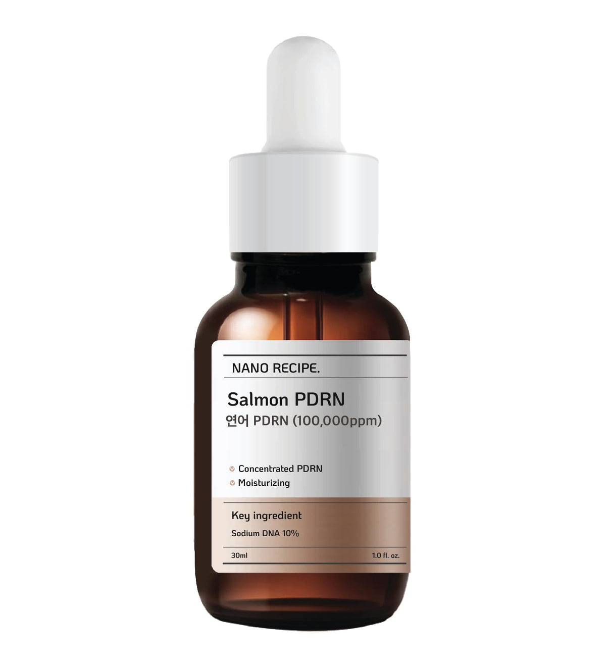 Nano Recipe Salmon PDRN concentrate bottle with dropper for precise hydration.
