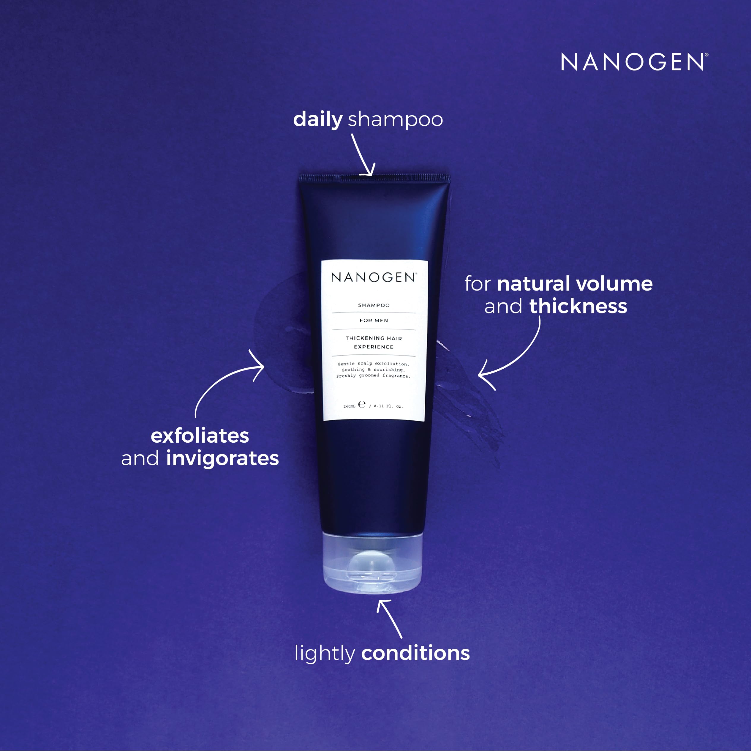 Daily-use grooming setup with towel and Nanogen Thickening Shampoo for men.