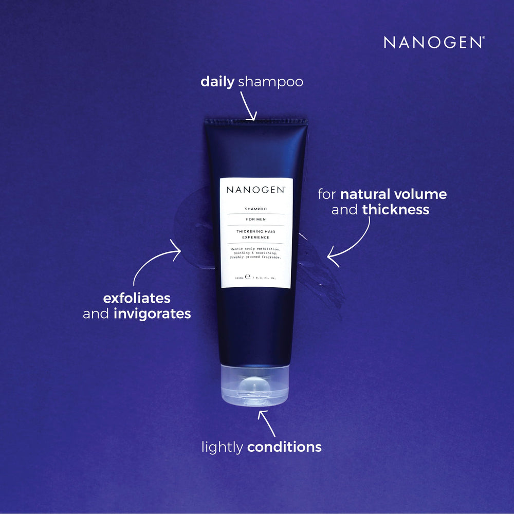Daily-use grooming setup with towel and Nanogen Thickening Shampoo for men.