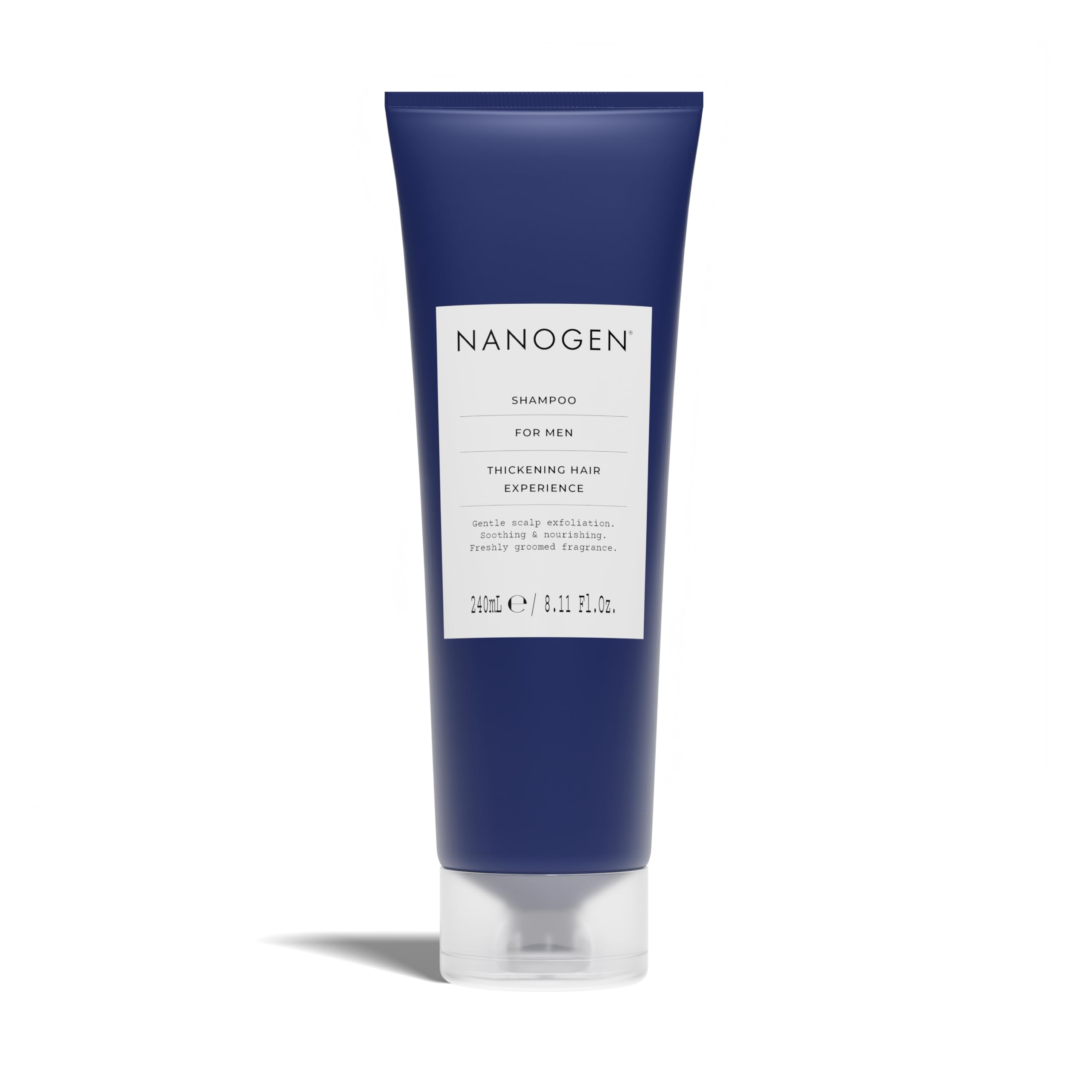 Close-up of Nanogen Thickening Shampoo for Men bottle being squeezed for dispensing.