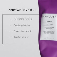 Nanogen Thickening Shampoo packaging beside towel-ready setup highlights scalp comfort.