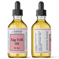 Naples Cosmeceuticals Egg Yolk Oil applying to hair to combat dryness.
