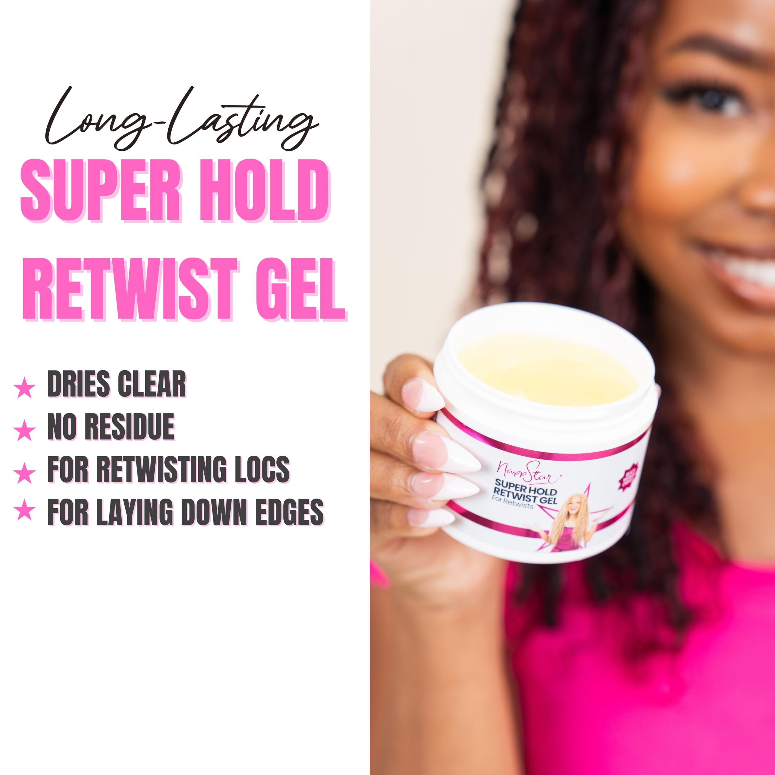 NappStar gel on damp hair shows flexible hold for retwists.
