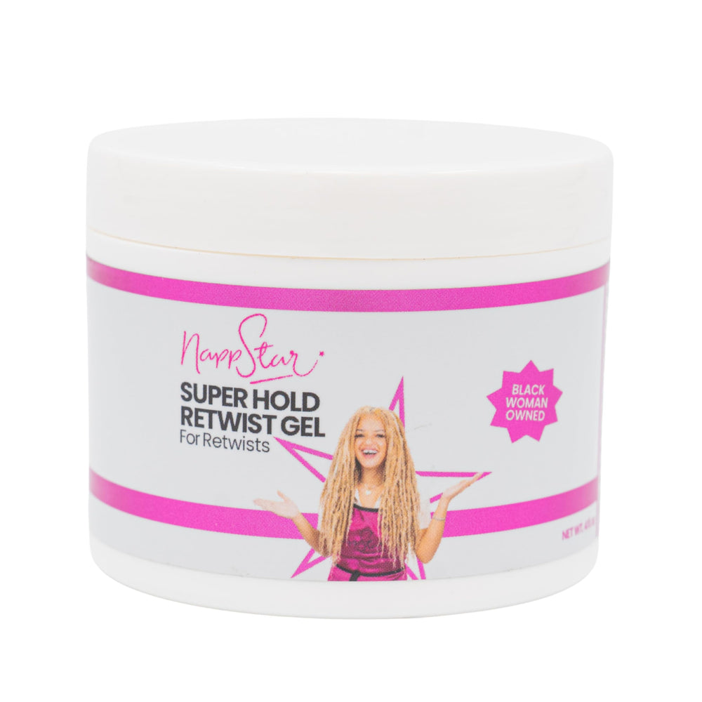 NappStar retwist gel bottle with strong hold for locs and edges that dries clear.