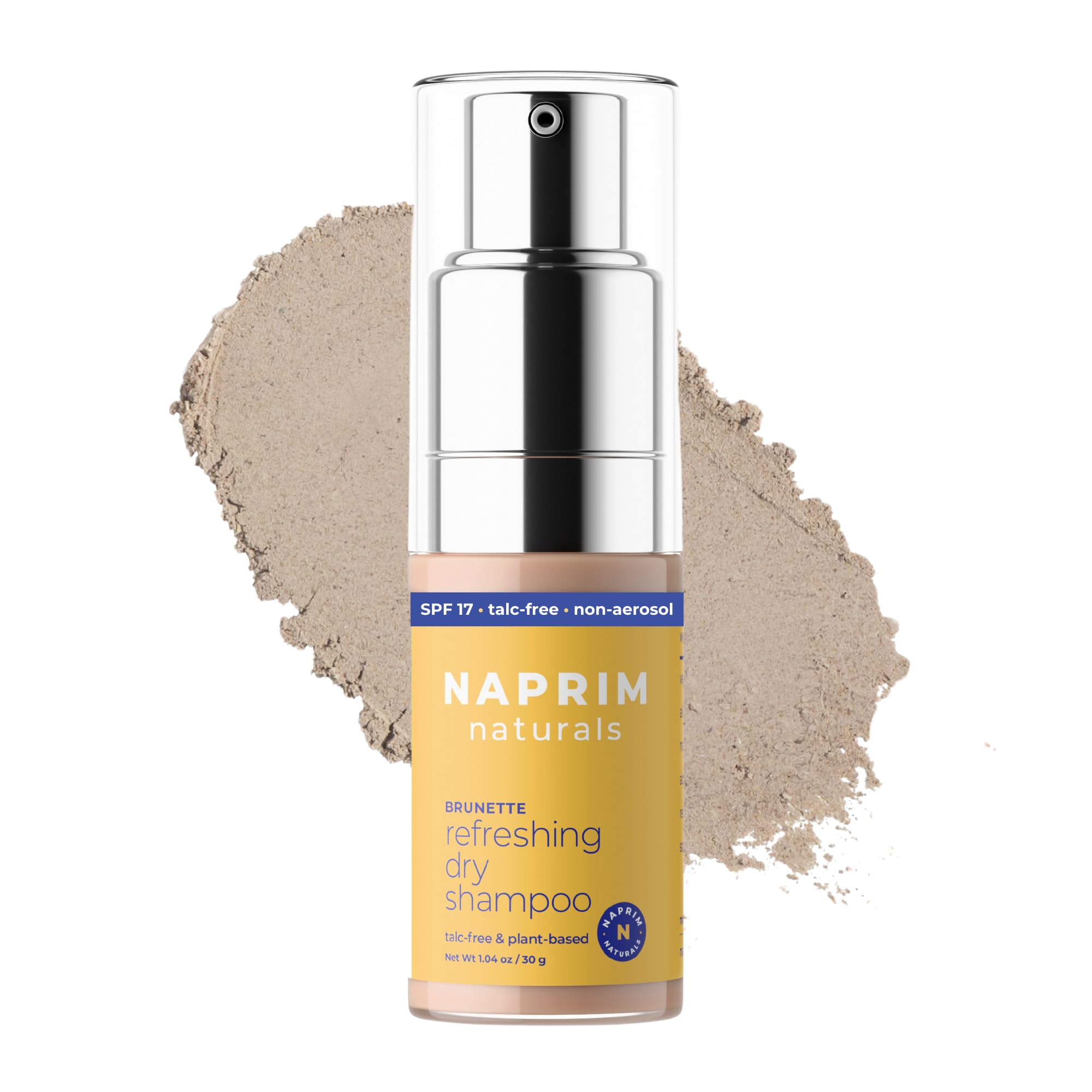 Naprim Naturals Nourishing Dry Shampoo Brunettes bottle with pump for precise application and fresh hair.