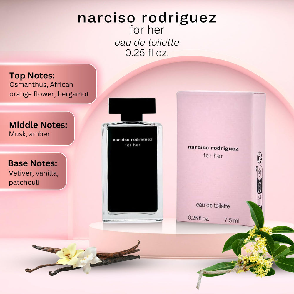Narciso Rodriguez for Her mini travel-size bottle ideal for on-the-go fragrance.