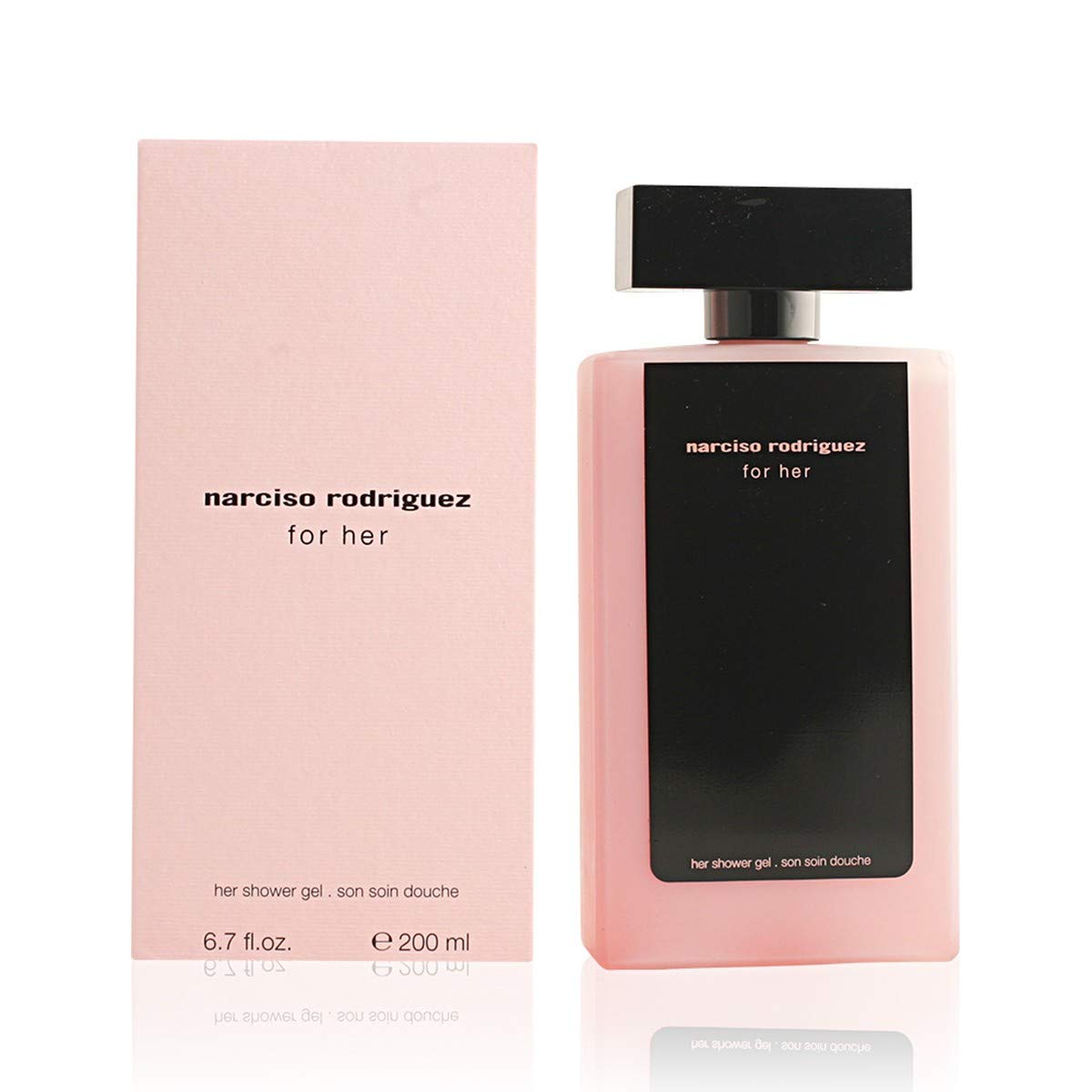 Narciso Rodriguez For Her Shower Gel bottle front with red band and silver jewel, daily cleanse suggestion