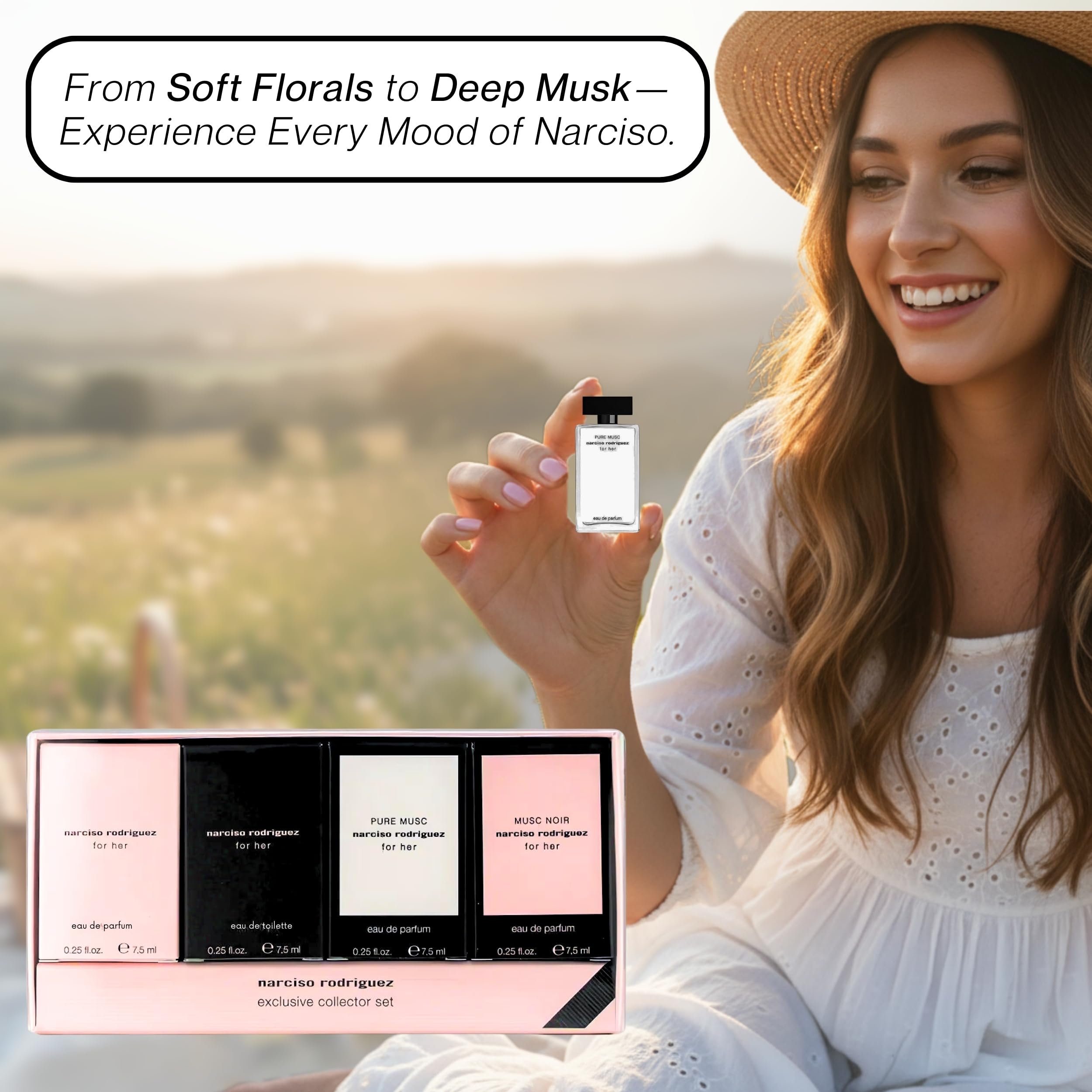 Narciso Rodriguez Mini Gift Set arrangement—perfect travel gift with four scents.