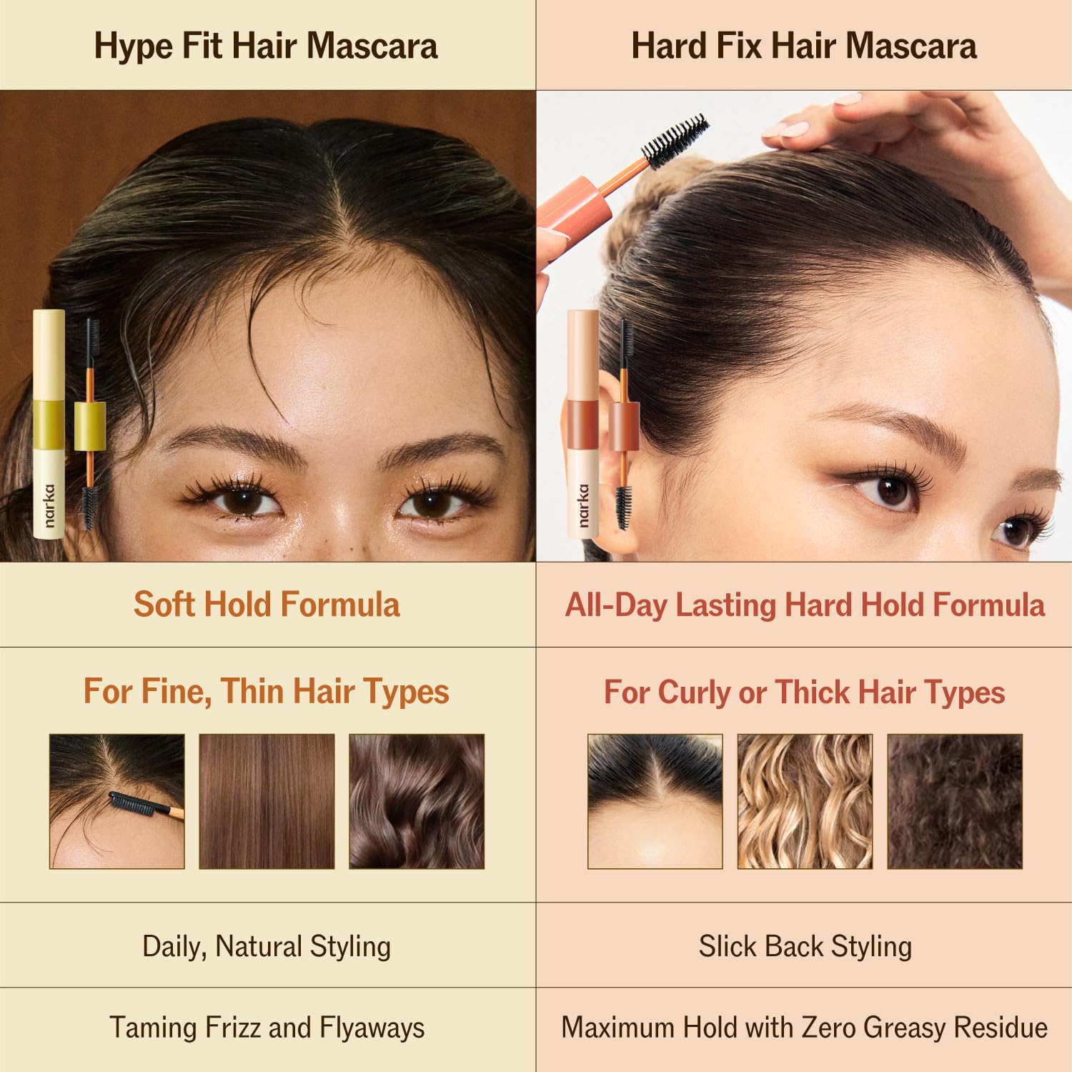 NARKA Hard Fix Hair Mascara long-lasting hold in humid conditions.