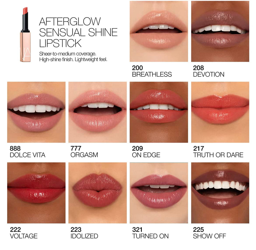 NARS Afterglow Sensual Shine Lipstick 8-hour hydration keeps lips moisturized.