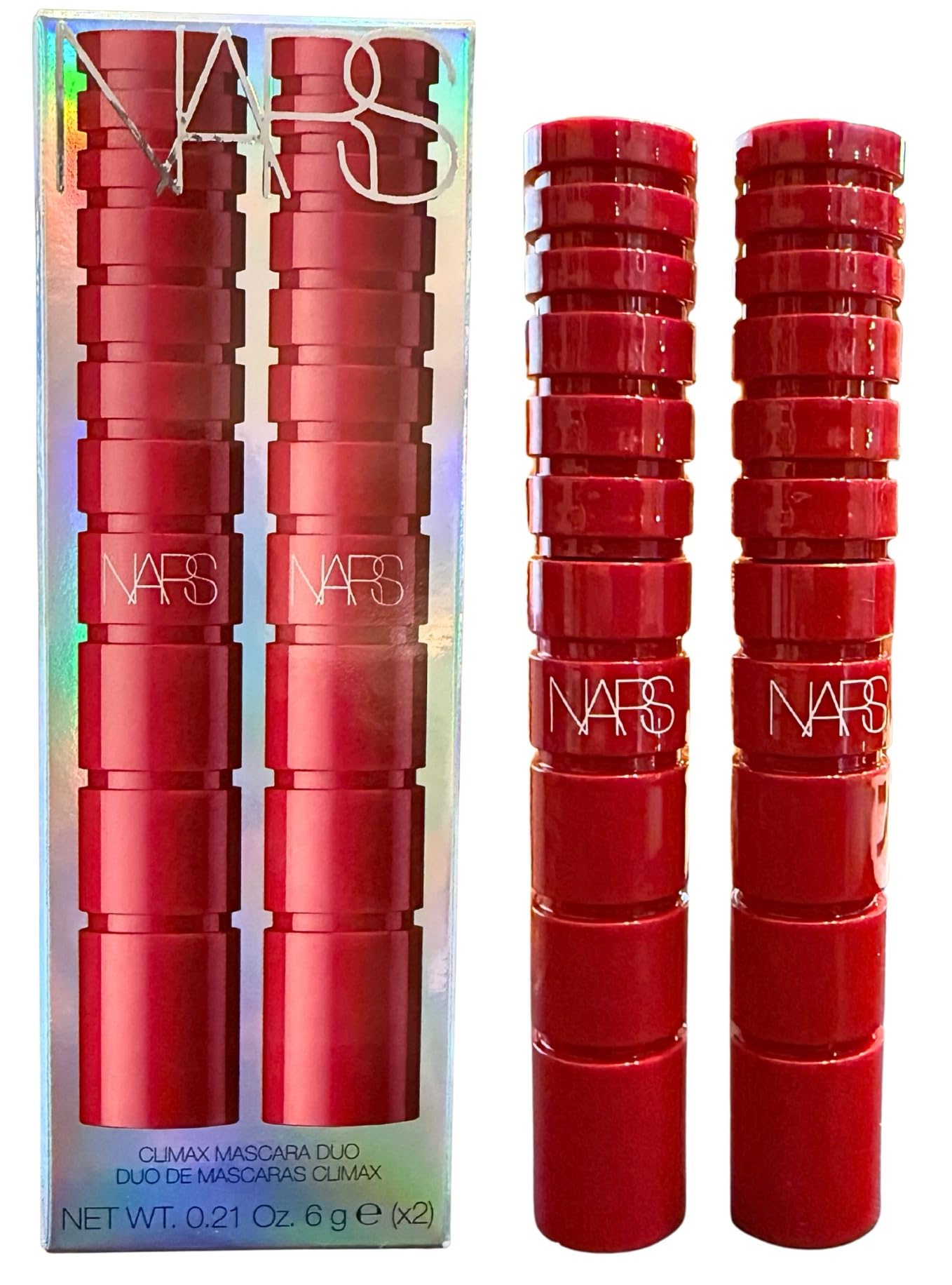 NARS Climax Mascara Duo Explicit Black packaging featuring bold red tubes for luxury.