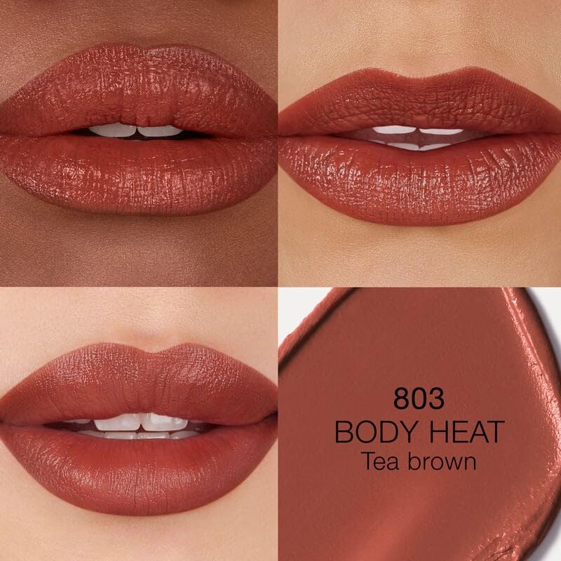 NARS Explicit Body Heat swatch on lips shows vibrant color payoff.