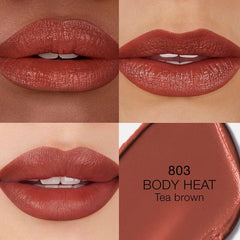 NARS Explicit Body Heat swatch on lips shows vibrant color payoff.